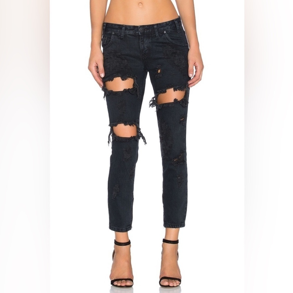 EUC One Teaspoon Fox Black Freebirds Skinny Jeans Destroyed Denim Ankle Zipper